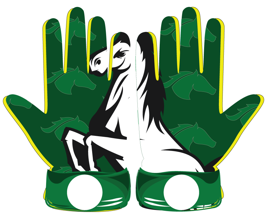 Green Glove durable batting gloves with custom horse print, leather front, breathable spandex back, neoprene cuff, and shock-absorbent stitching